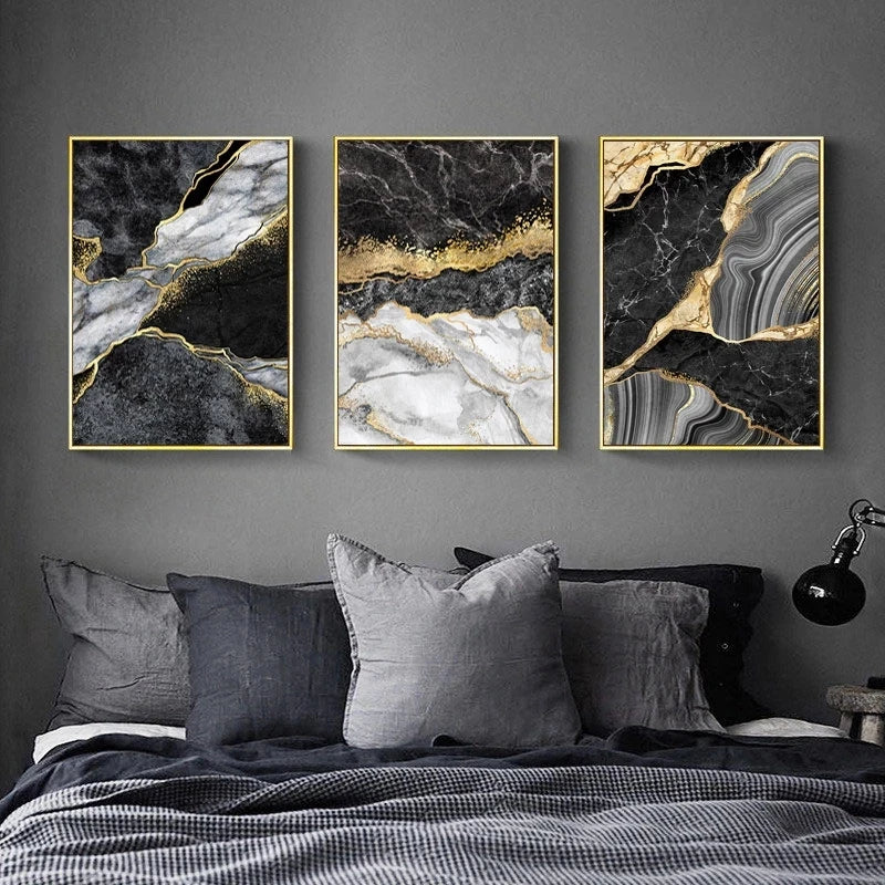 Abstract Wall Art Black White Canvas Painting Marble Mosaic with Golden Veins Posters Prints Wall Picture for Living Room Decor