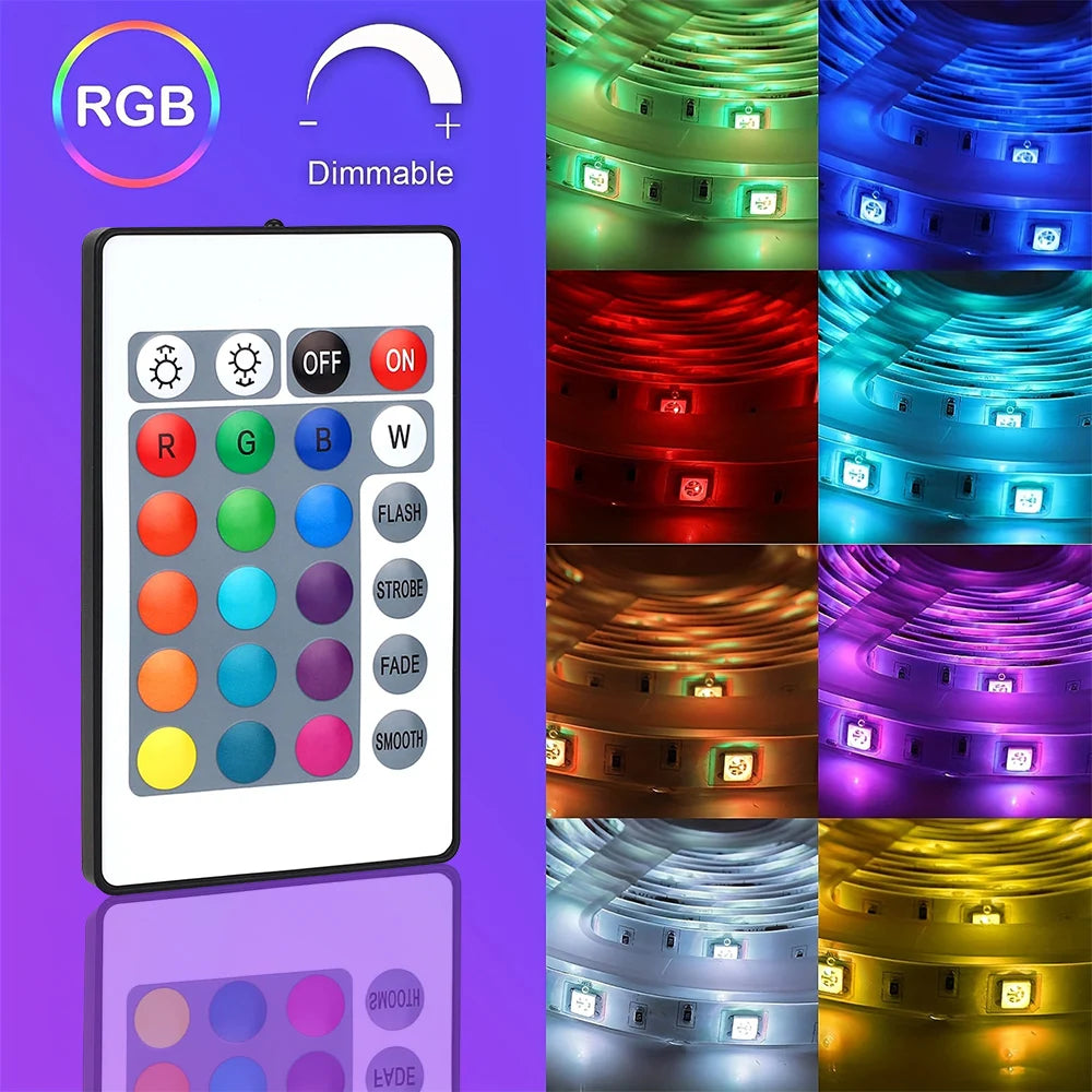 Battery pack powered LED strip with 24 keys remote control for colour change, suitable for living room and bedroom.