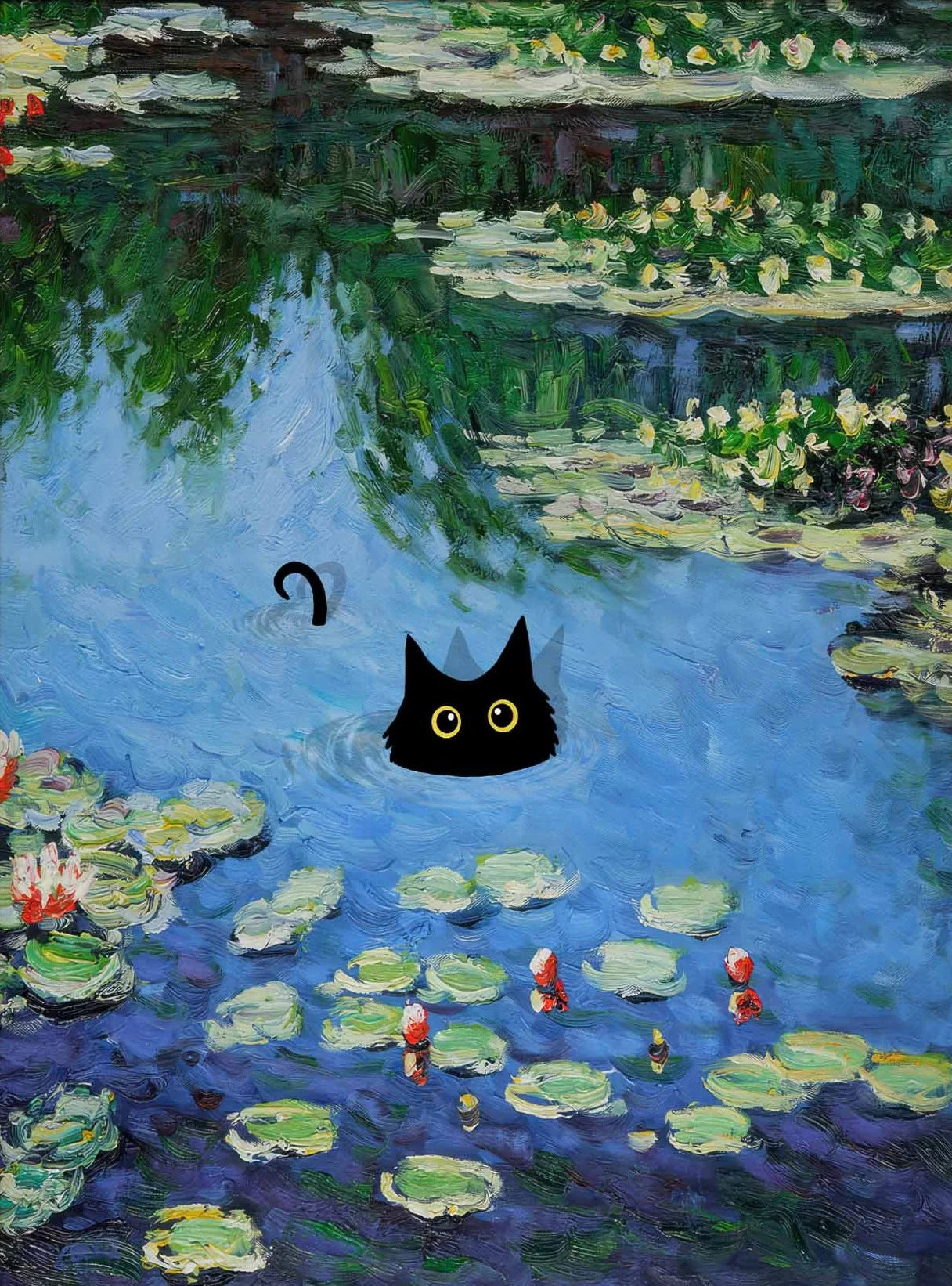Claude Monet Artworks Interesting Cute Black Cat Lotus Pond Poster Canvas Paintings Wall Art Pictures for Living Room Home Decor