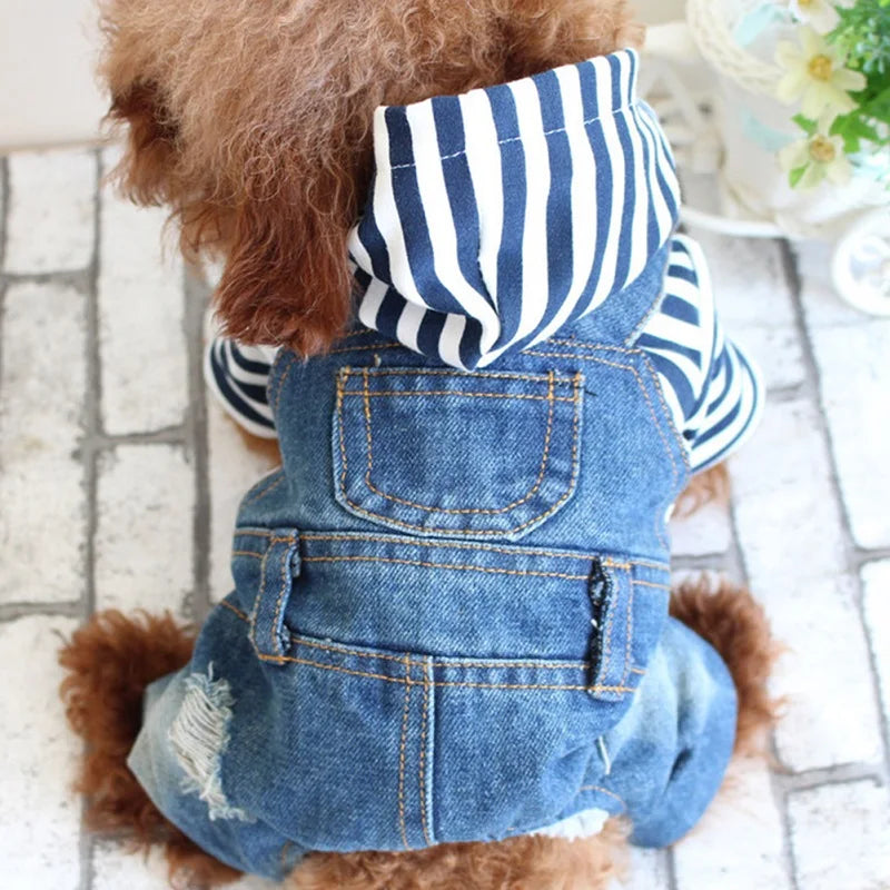 Fashion Dog Clothes Simple Striped Denim Jumpsuit Hoodies French Bulldog Bichon Jean Jackets Puppy Cowboy Outfits Pet Costume - My Store