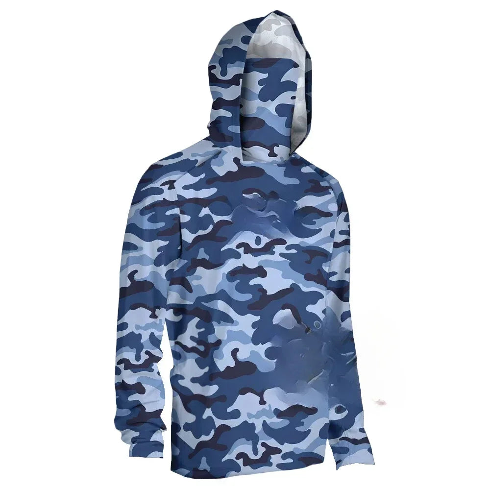 Fishing Hoodie Shirts Camouflage Long Sleeve Fishing Clothing With Mask Uv Neck Gaiter Men's Breathable Angling Jersey