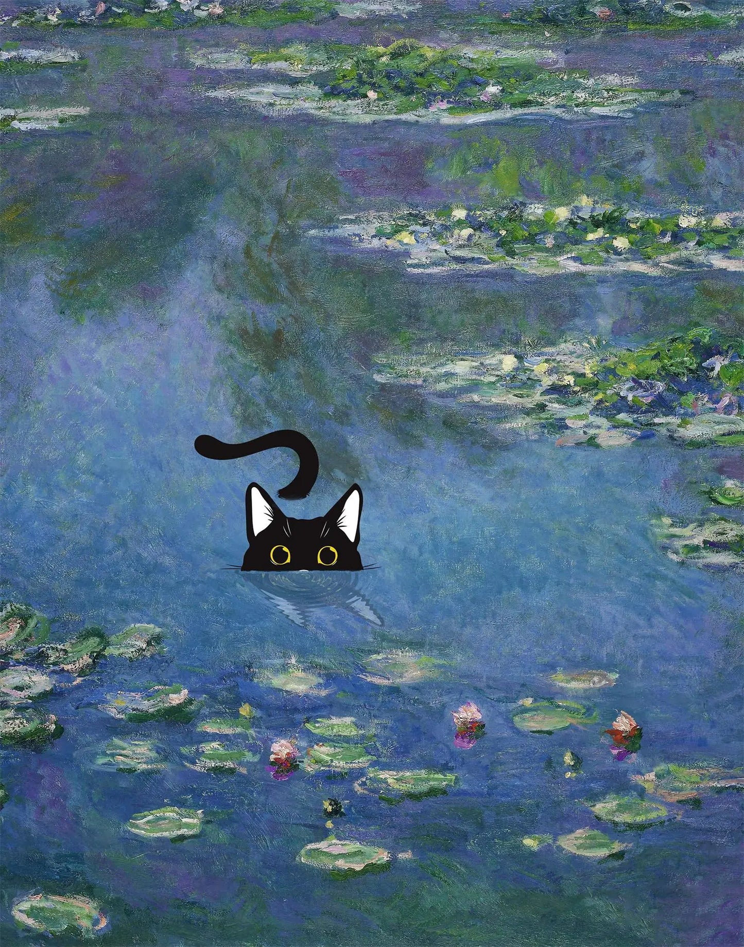 Claude Monet Artworks Interesting Cute Black Cat Lotus Pond Poster Canvas Paintings Wall Art Pictures for Living Room Home Decor