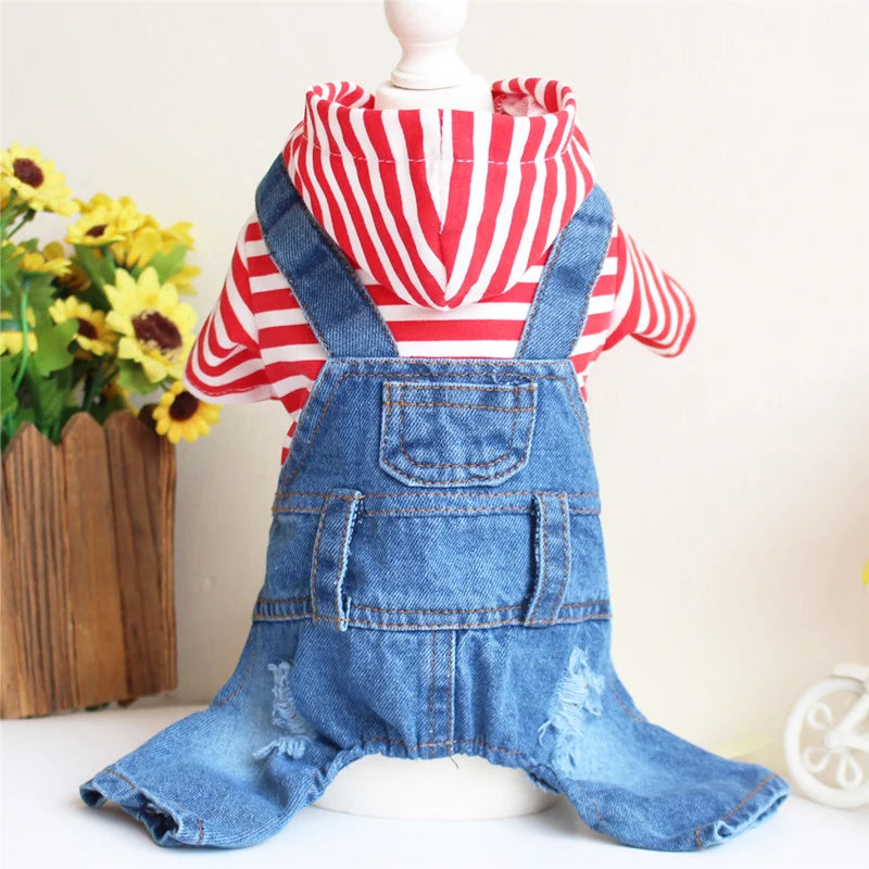 Fashion Dog Clothes Simple Striped Denim Jumpsuit Hoodies French Bulldog Bichon Jean Jackets Puppy Cowboy Outfits Pet Costume - My Store