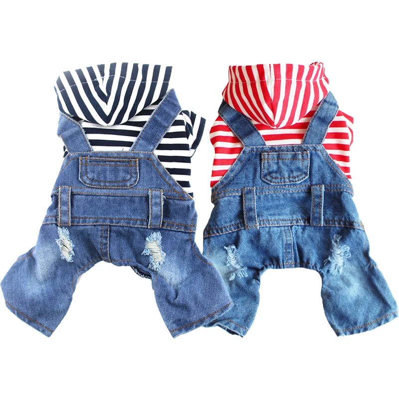 Fashion Dog Clothes Simple Striped Denim Jumpsuit Hoodies French Bulldog Bichon Jean Jackets Puppy Cowboy Outfits Pet Costume - My Store