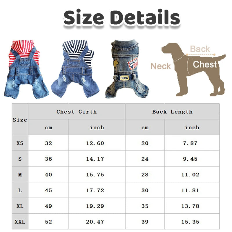 Fashion Dog Clothes Simple Striped Denim Jumpsuit Hoodies French Bulldog Bichon Jean Jackets Puppy Cowboy Outfits Pet Costume - My Store