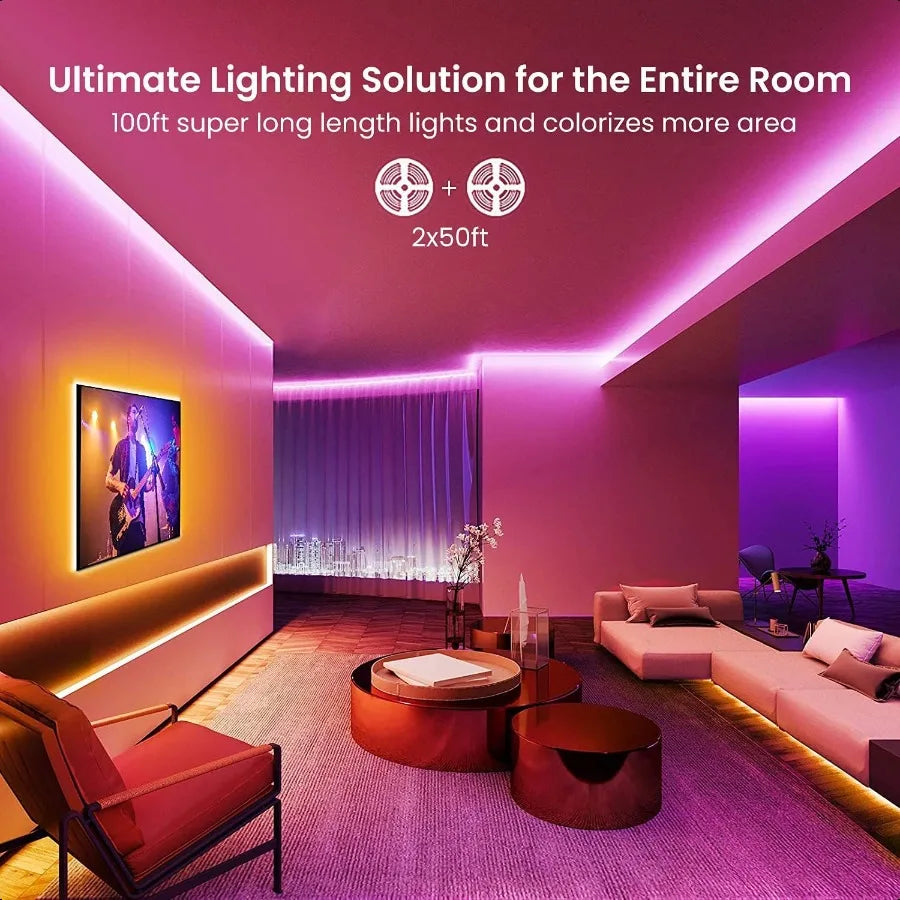 LED Strip Lights 100ft Rope Lights Bluetooth APP Control Color Changing RGB Strip Sync with Music para Cuarto for Bedroom Home