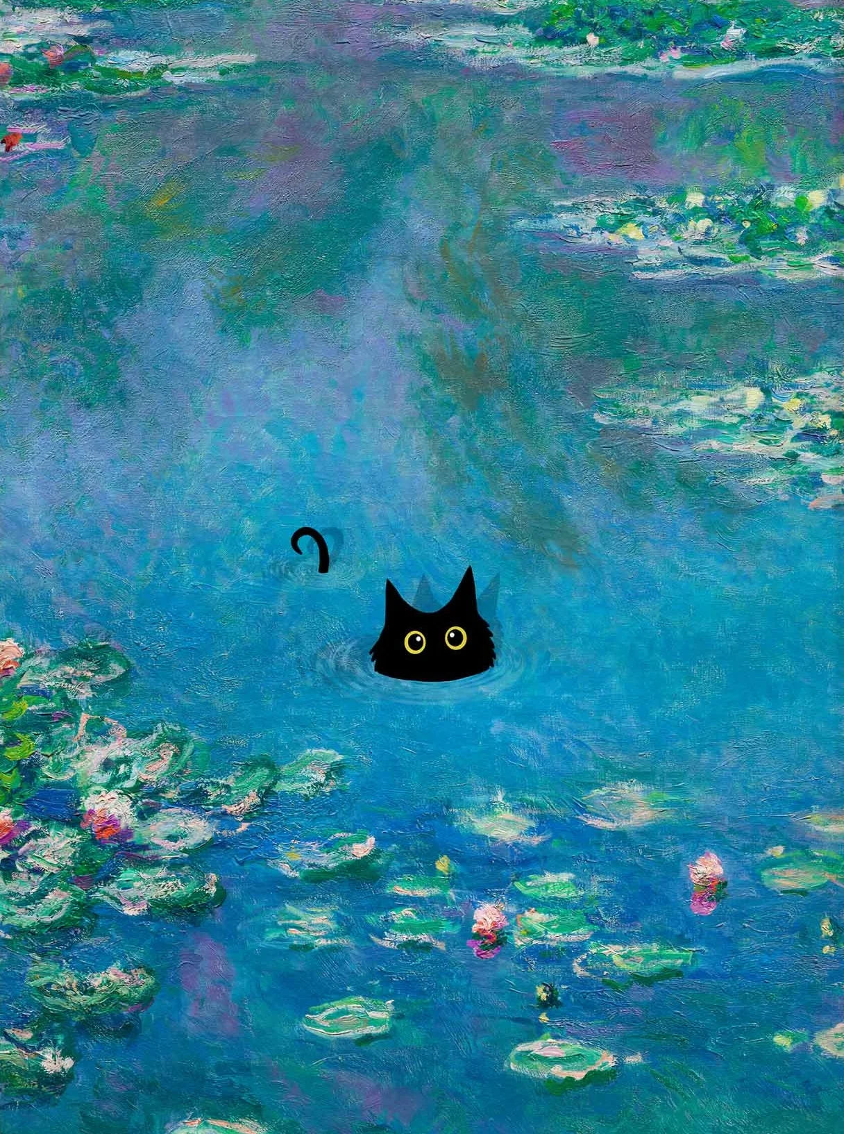 Claude Monet Artworks Interesting Cute Black Cat Lotus Pond Poster Canvas Paintings Wall Art Pictures for Living Room Home Decor