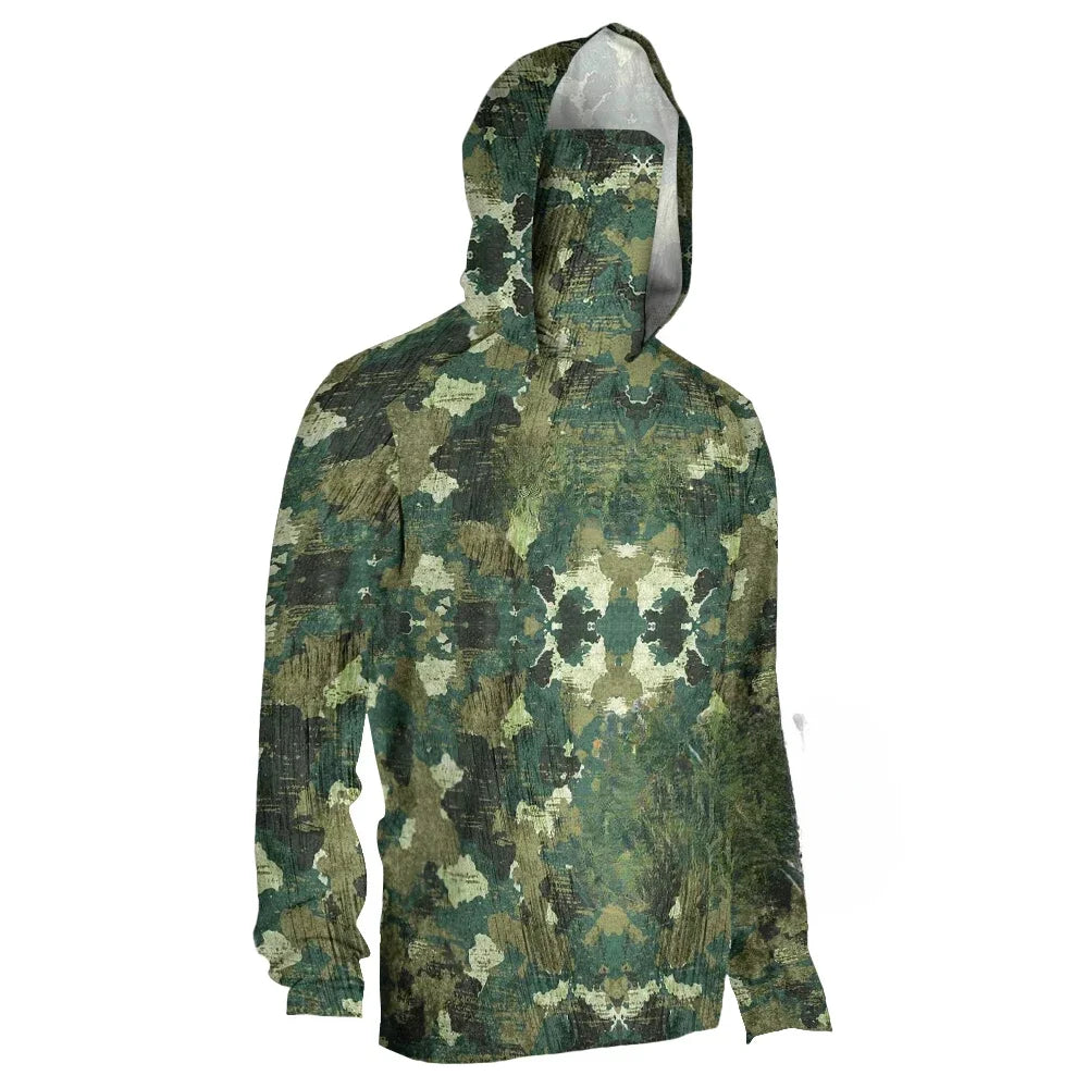Fishing Hoodie Shirts Camouflage Long Sleeve Fishing Clothing With Mask Uv Neck Gaiter Men's Breathable Angling Jersey