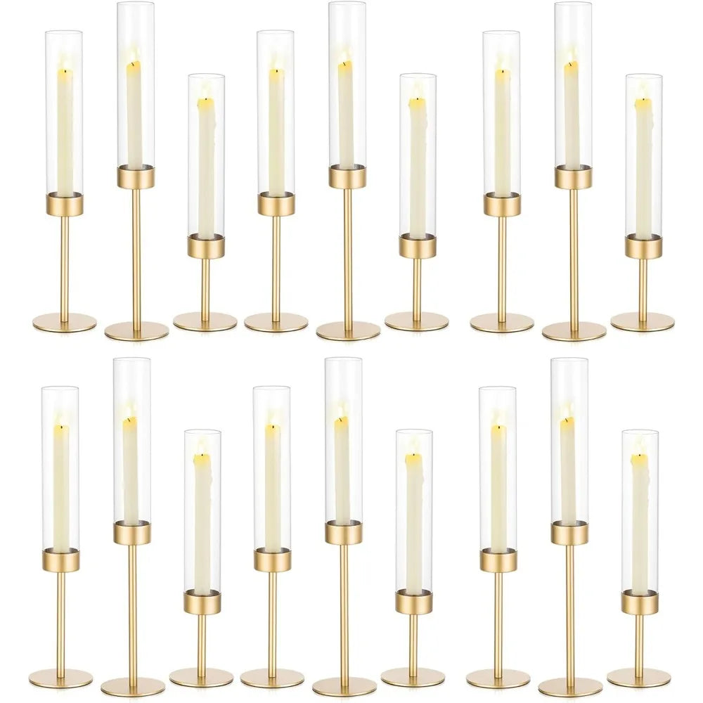 Glass Hurricane Candlestick Holders Gold 18 PCS Taper Candle Holder Bulk Clear Glass Cylinder Table Centerpiece Wedding Decor