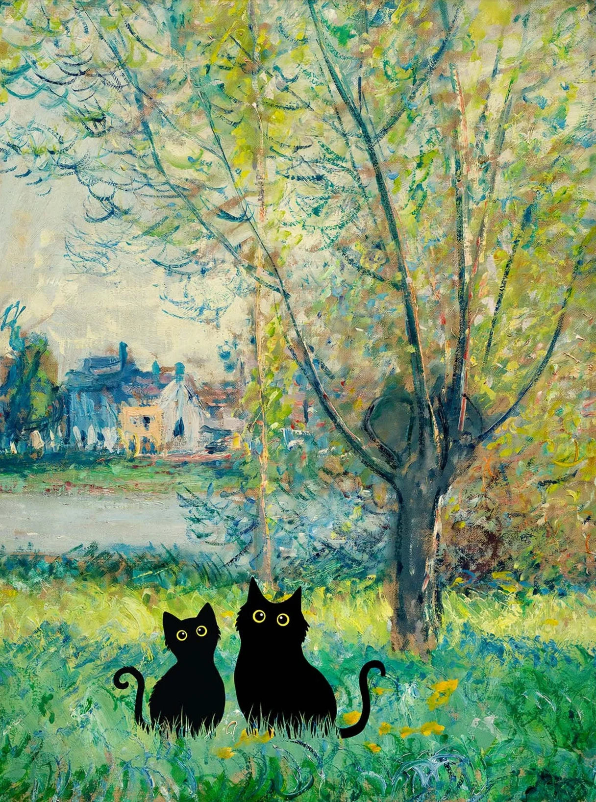 Claude Monet Artworks Interesting Cute Black Cat Lotus Pond Poster Canvas Paintings Wall Art Pictures for Living Room Home Decor