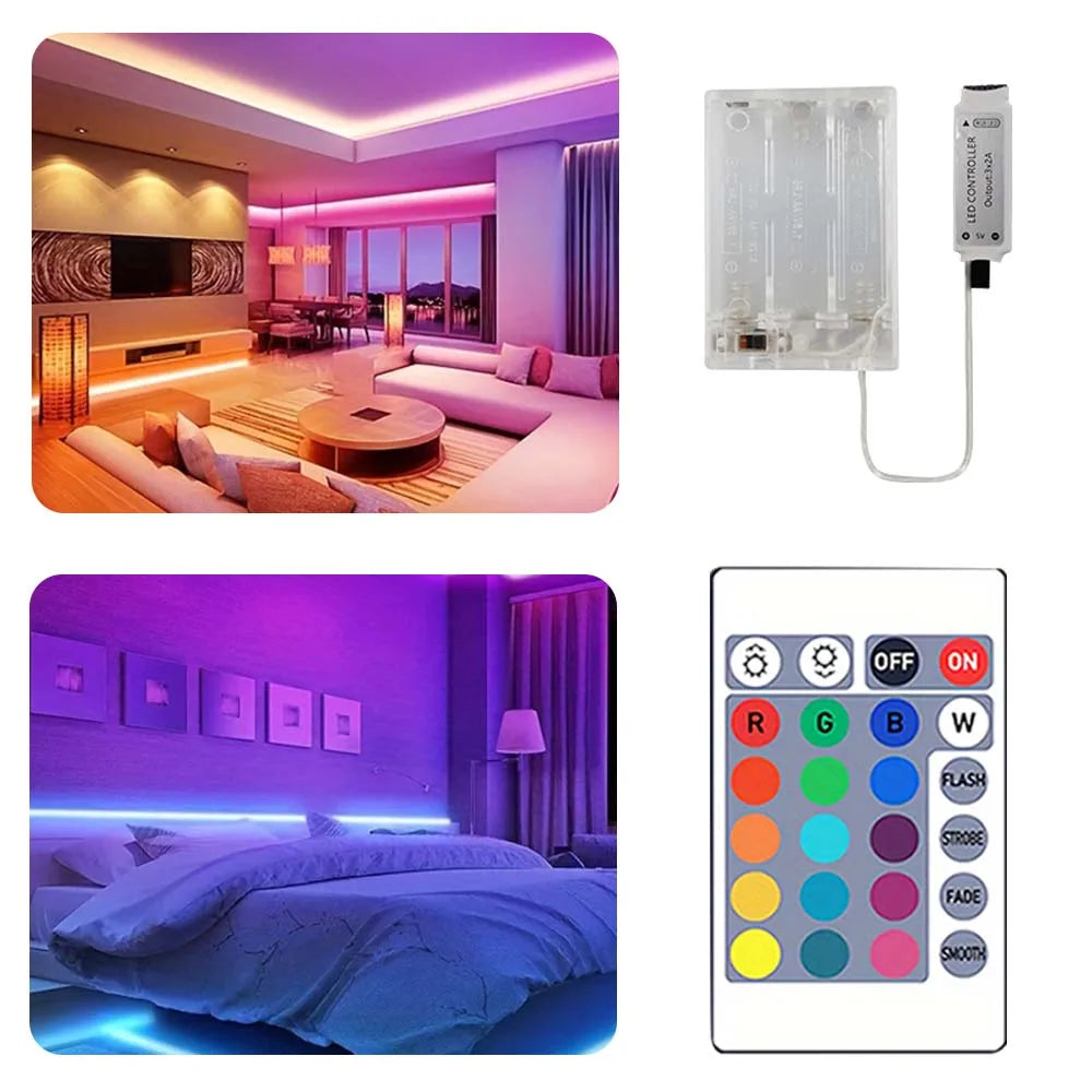 Battery pack powered LED strip with 24 keys remote control for colour change, suitable for living room and bedroom.