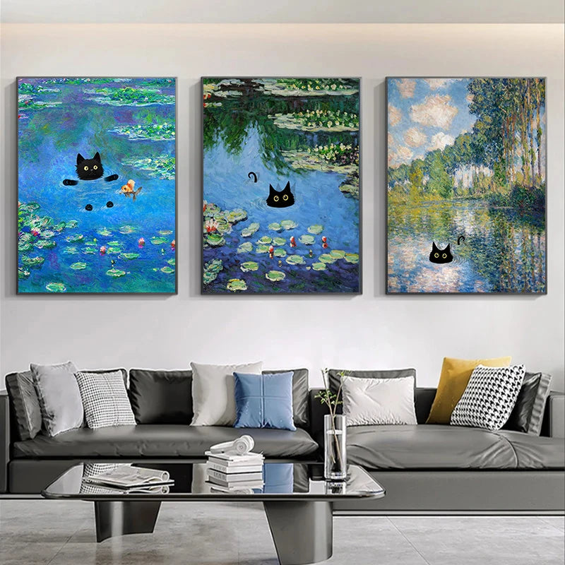 Claude Monet Artworks Interesting Cute Black Cat Lotus Pond Poster Canvas Paintings Wall Art Pictures for Living Room Home Decor
