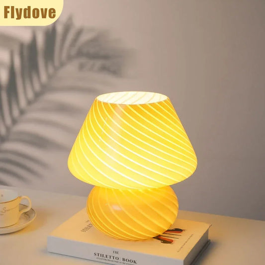 American Retro Striped Glass Mushroom Table Lamp Creative Bedroom Headboard Decoration LED Dimmable Night Light Reading Lighting