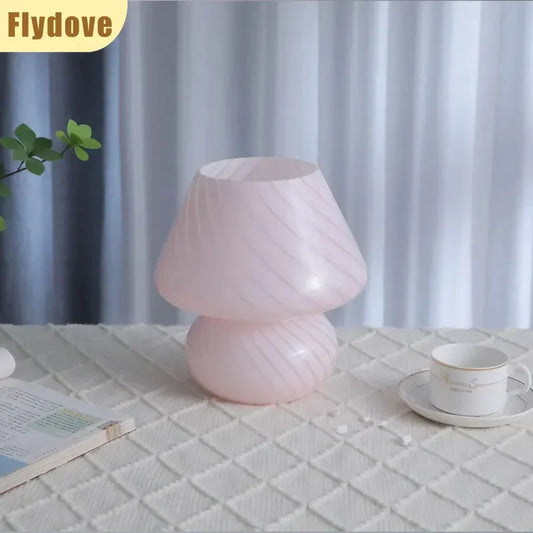 American Retro Striped Glass Mushroom Table Lamp Creative Bedroom Headboard Decoration LED Dimmable Night Light Reading Lighting