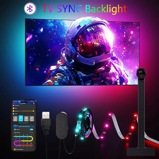 TV SYNC Backlight LED Strip Light USB Flexible Ribbon Diode Tape with RGBIC Color Capture Sensor Bluetooth APP Remote Control