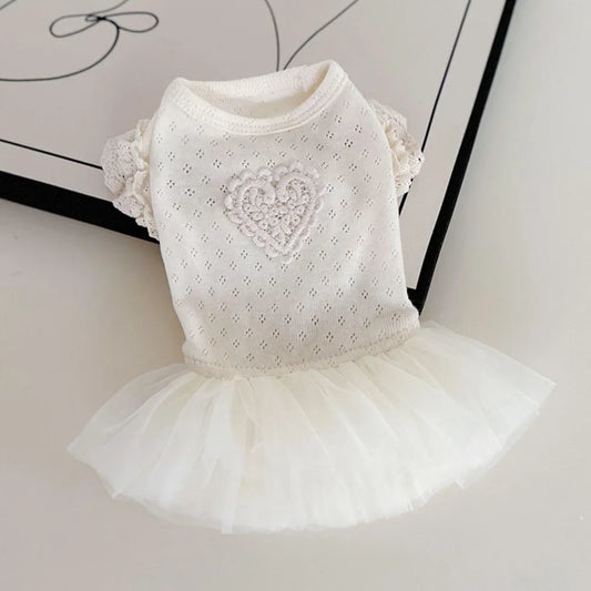 Pet Mesh Base Dress, Breathable Mesh Fluffy Lace Lace Sleeves Beige Gauze Skirt Dog Clothes for Small Dogs Puppy Clothes