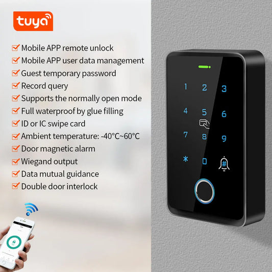 WiFi Tuya Fingerprint Access Control Keyboard Outdoor Waterproof Standalone RFID Keypad 125Khz 13.56MHz WG26 Smart APP Control