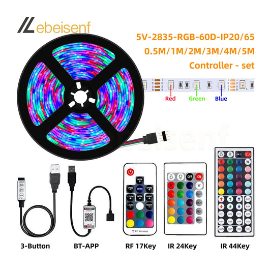 1 Kit 5V RGB LED Flexible Strip Light SMD2835 60 LEDs/m and IR or RF Wireless Remote or Bluetooth Dimmer PWM Controller USB Plug