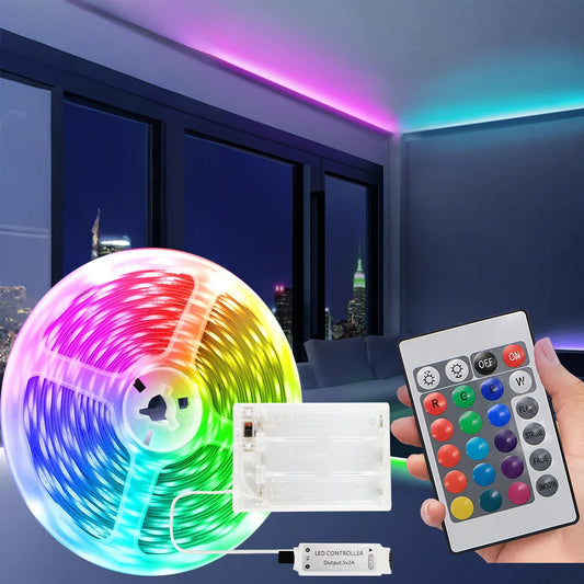Battery pack powered LED strip with 24 keys remote control for colour change, suitable for living room and bedroom.