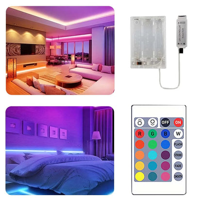 Battery pack powered LED strip with 24 keys remote control for colour change, suitable for living room and bedroom.